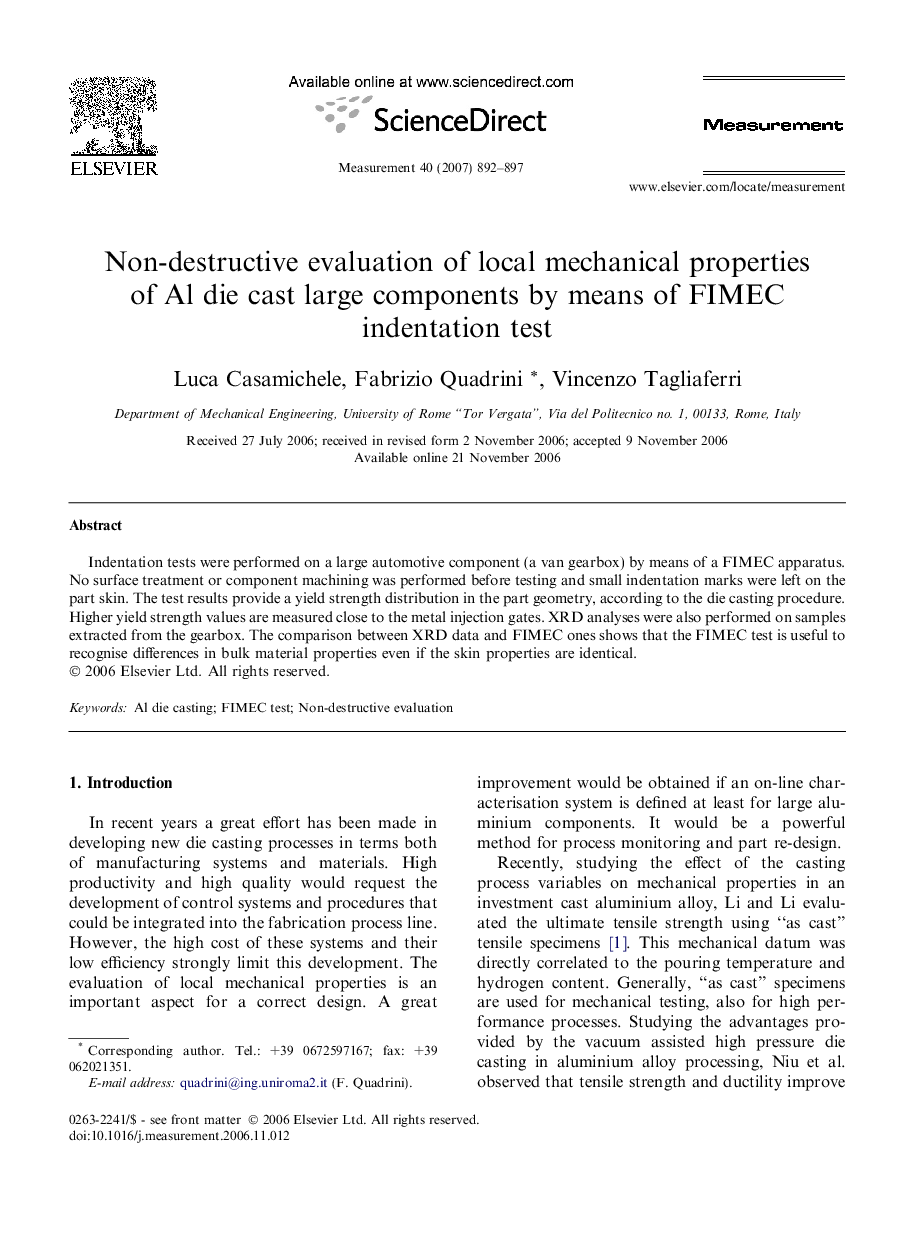 Non-destructive evaluation of local mechanical properties of Al die cast large components by means of FIMEC indentation test