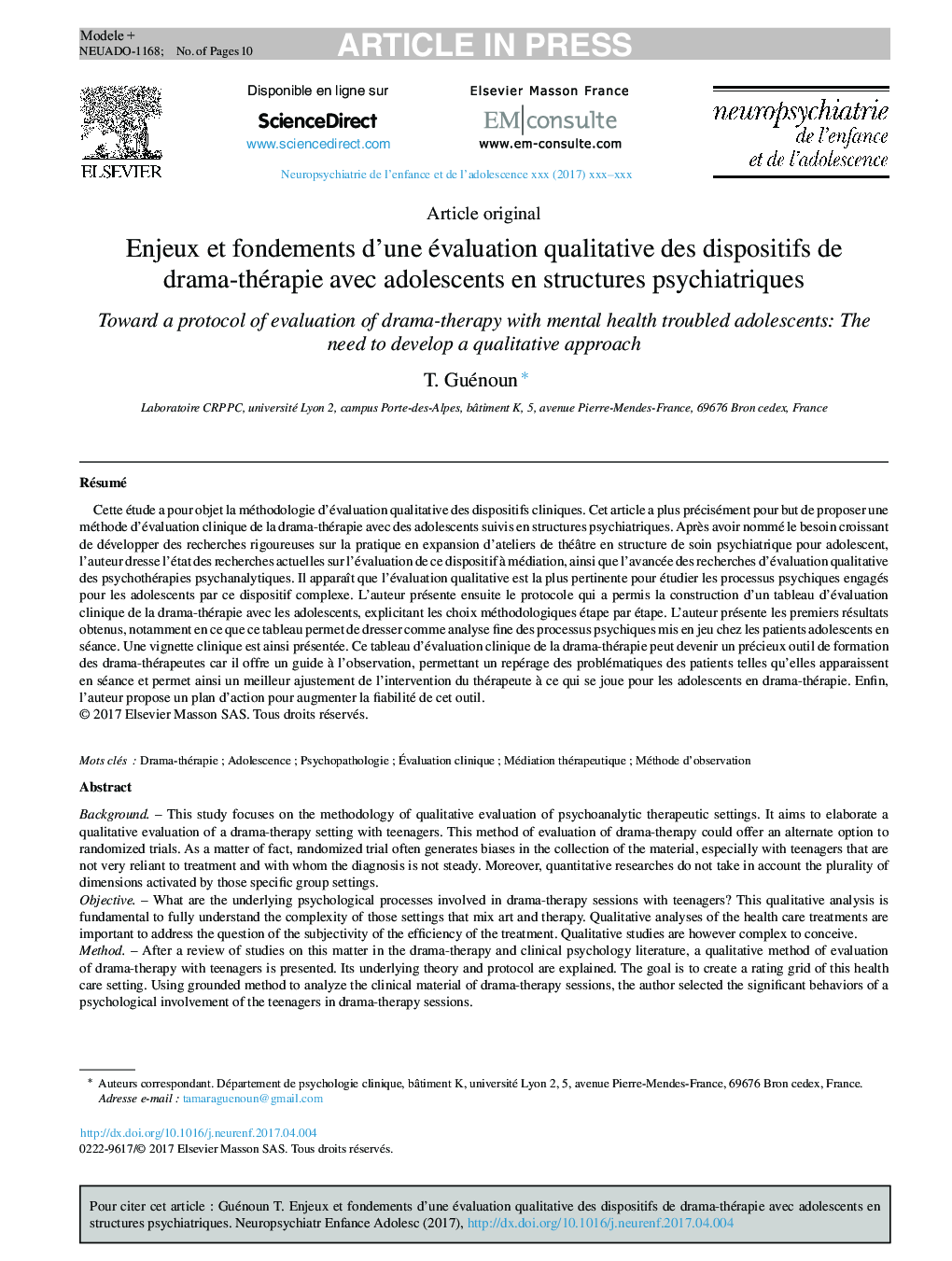 Enjeux et fondements d'une évaluation qualitative des dispositifs de drama-thérapie avec adolescents en structures psychiatriques