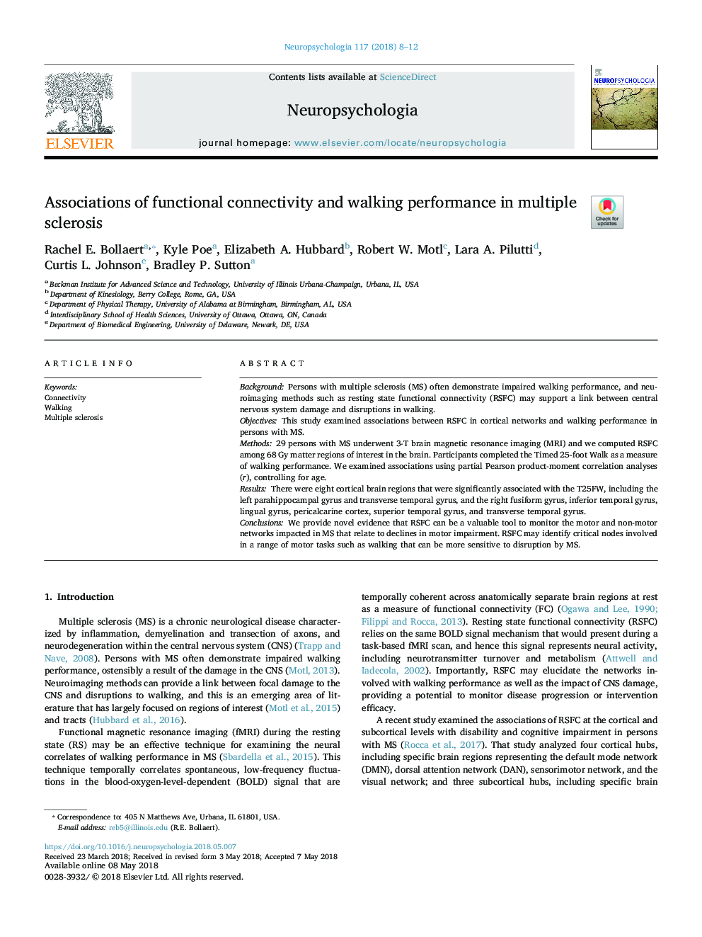 Associations of functional connectivity and walking performance in multiple sclerosis