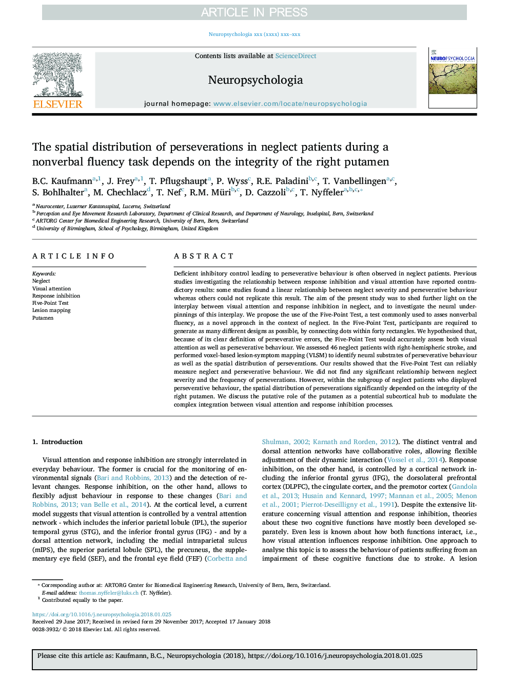 The spatial distribution of perseverations in neglect patients during a nonverbal fluency task depends on the integrity of the right putamen