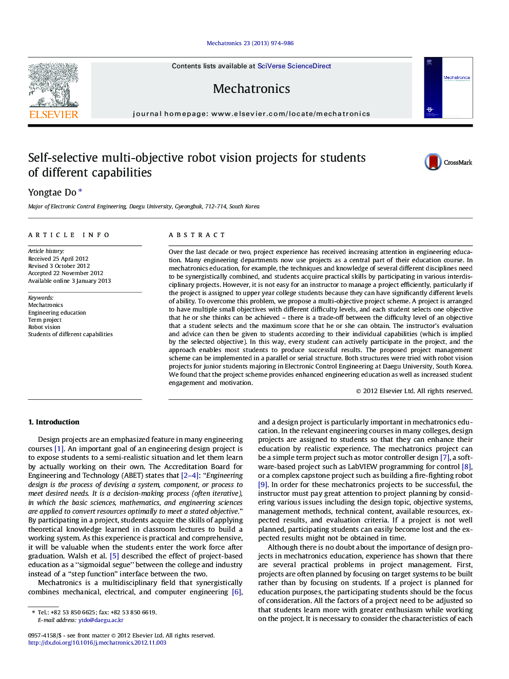 Self-selective multi-objective robot vision projects for students of different capabilities