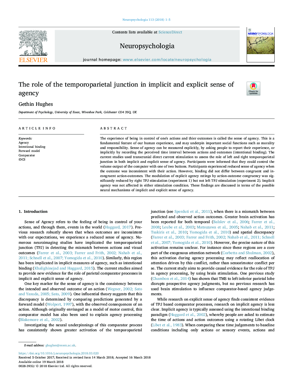 The role of the temporoparietal junction in implicit and explicit sense of agency