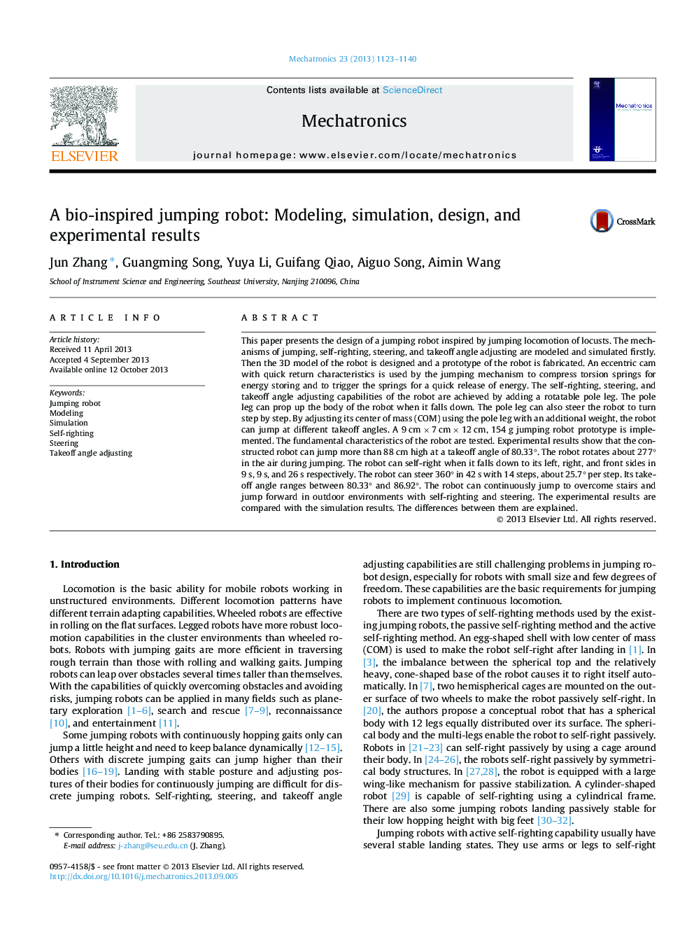 A bio-inspired jumping robot: Modeling, simulation, design, and experimental results