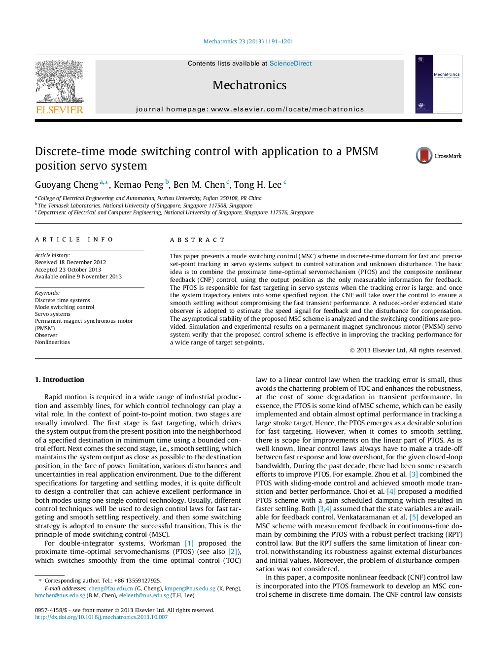 Discrete-time mode switching control with application to a PMSM position servo system