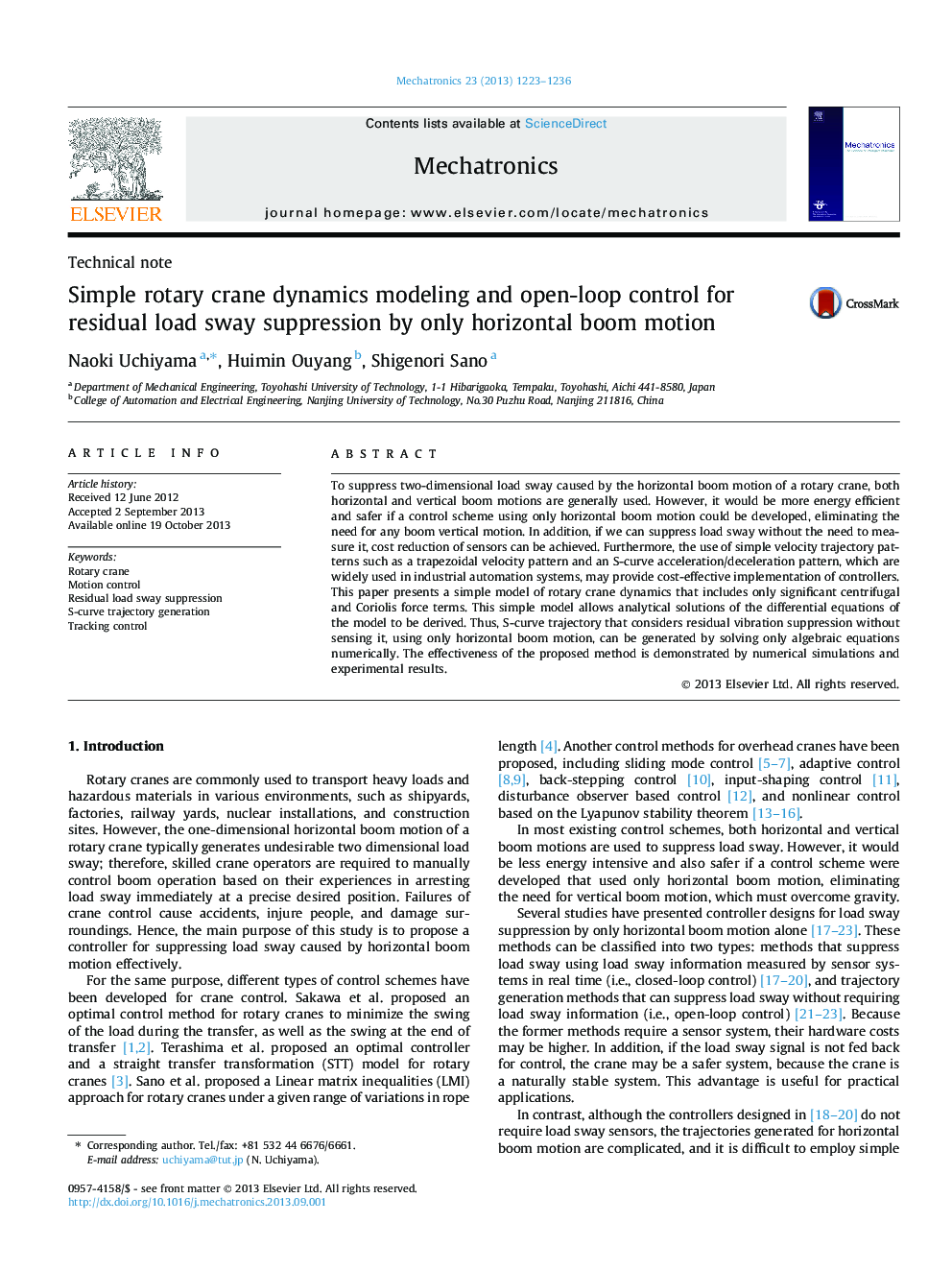 Simple rotary crane dynamics modeling and open-loop control for residual load sway suppression by only horizontal boom motion