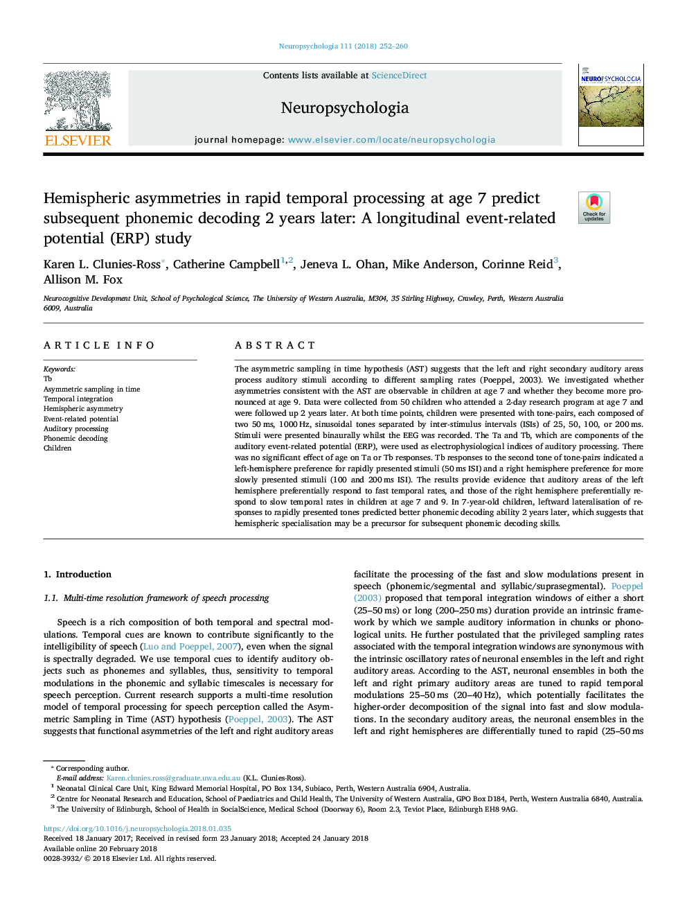 Hemispheric asymmetries in rapid temporal processing at age 7 predict subsequent phonemic decoding 2 years later: A longitudinal event-related potential (ERP) study