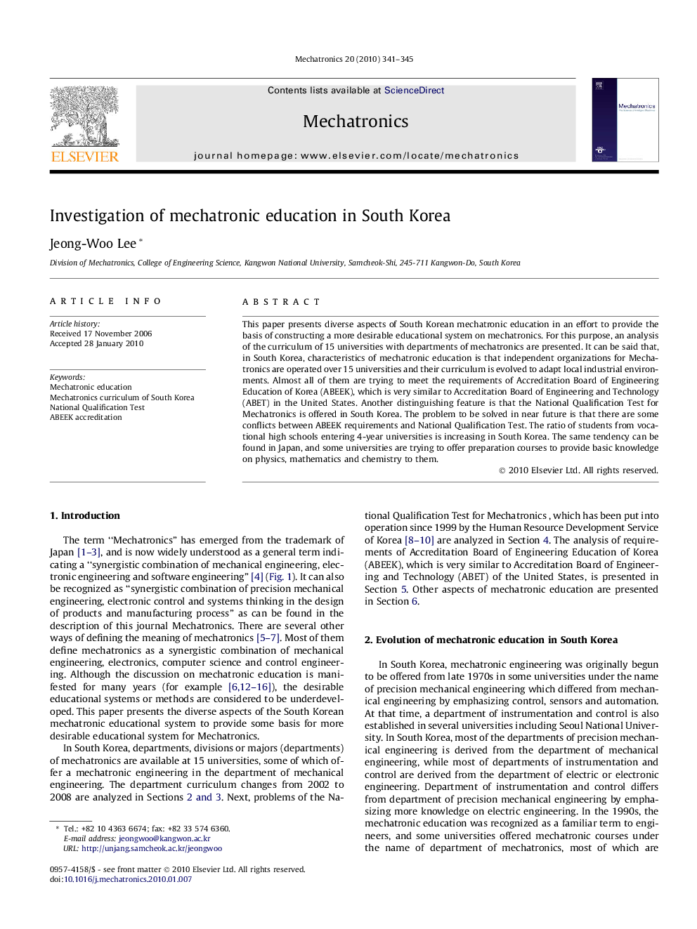 Investigation of mechatronic education in South Korea
