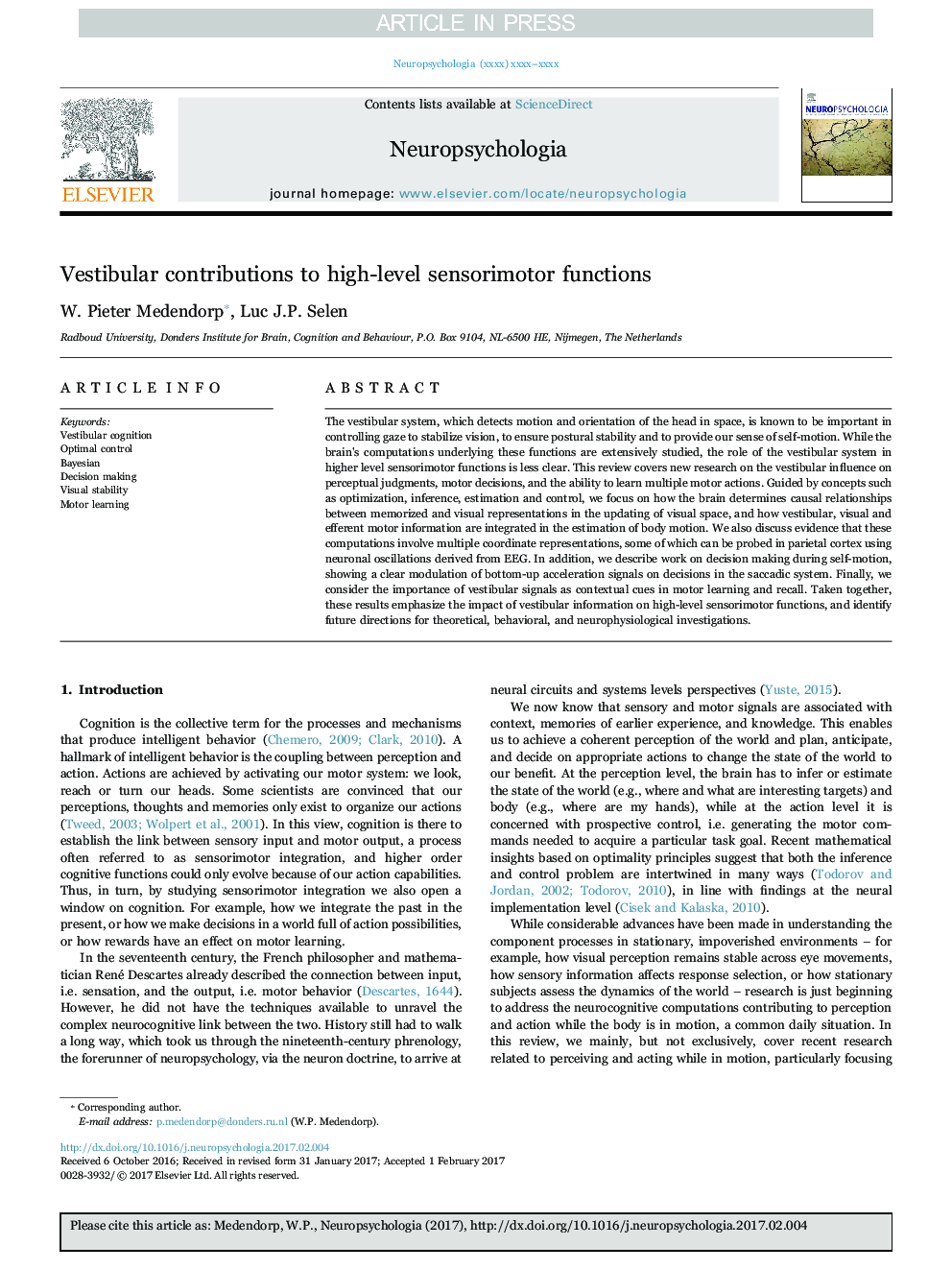 Vestibular contributions to high-level sensorimotor functions