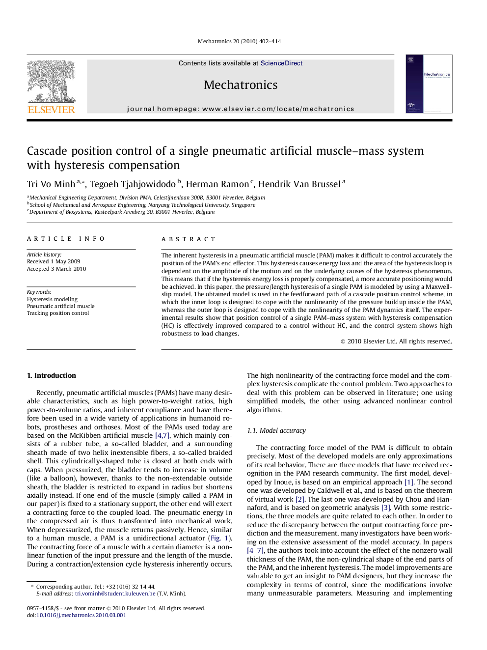 Cascade position control of a single pneumatic artificial muscle–mass system with hysteresis compensation