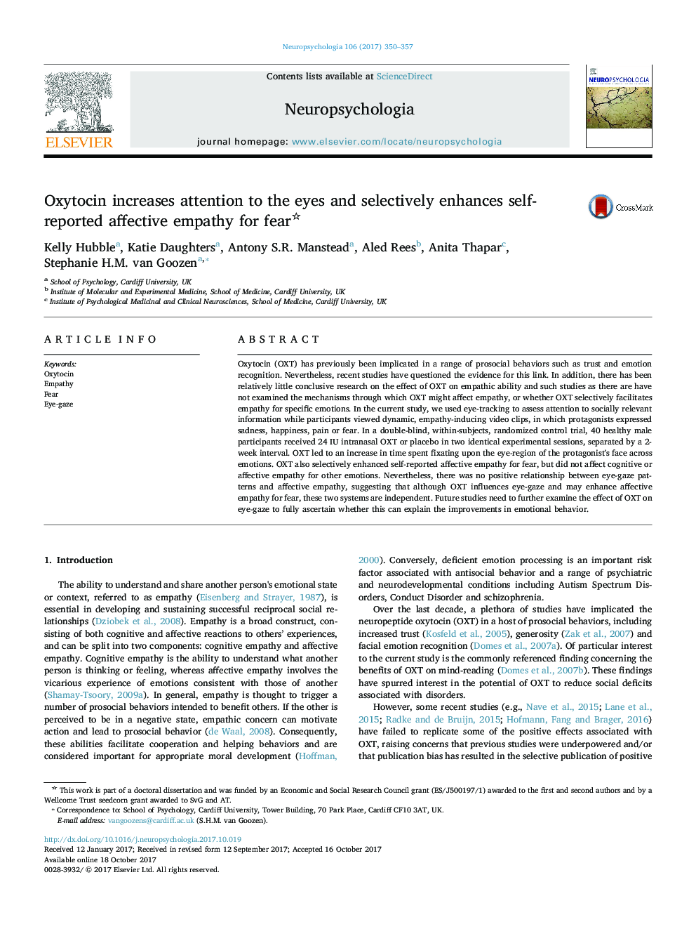 Oxytocin increases attention to the eyes and selectively enhances self-reported affective empathy for fear