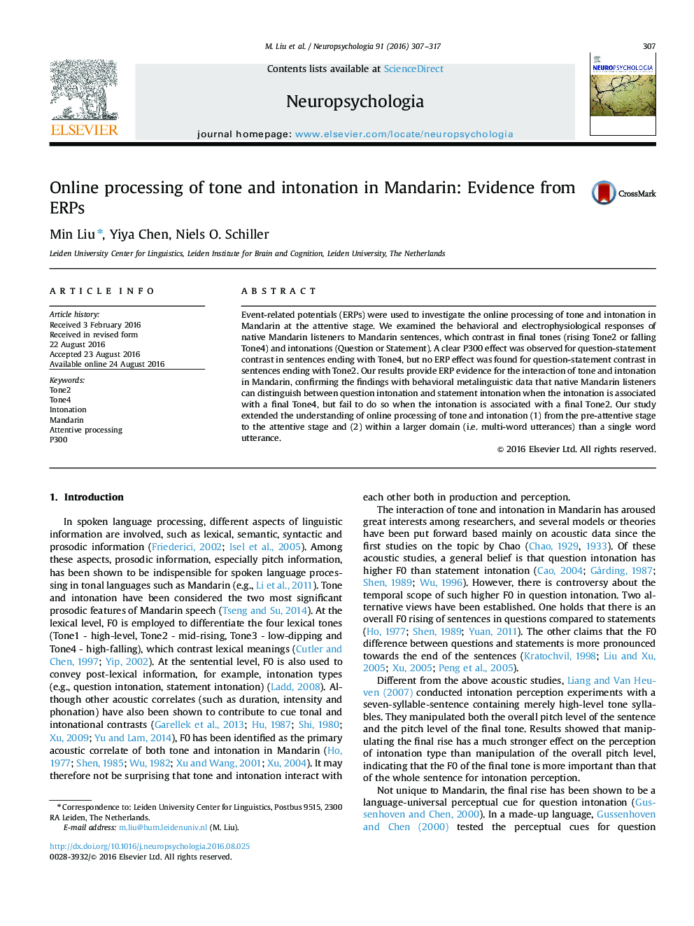 Online processing of tone and intonation in Mandarin: Evidence from ERPs