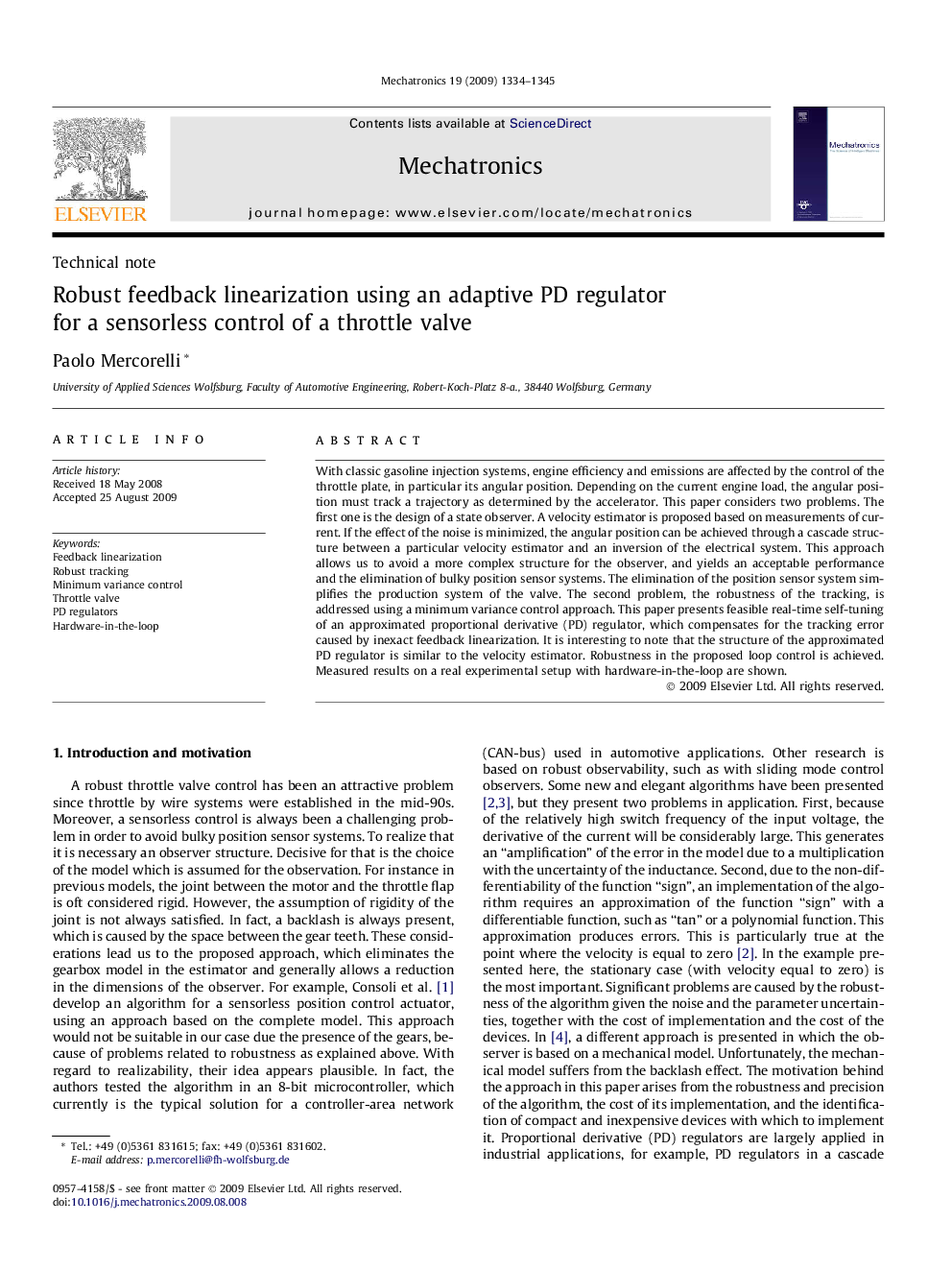 Robust feedback linearization using an adaptive PD regulator for a sensorless control of a throttle valve