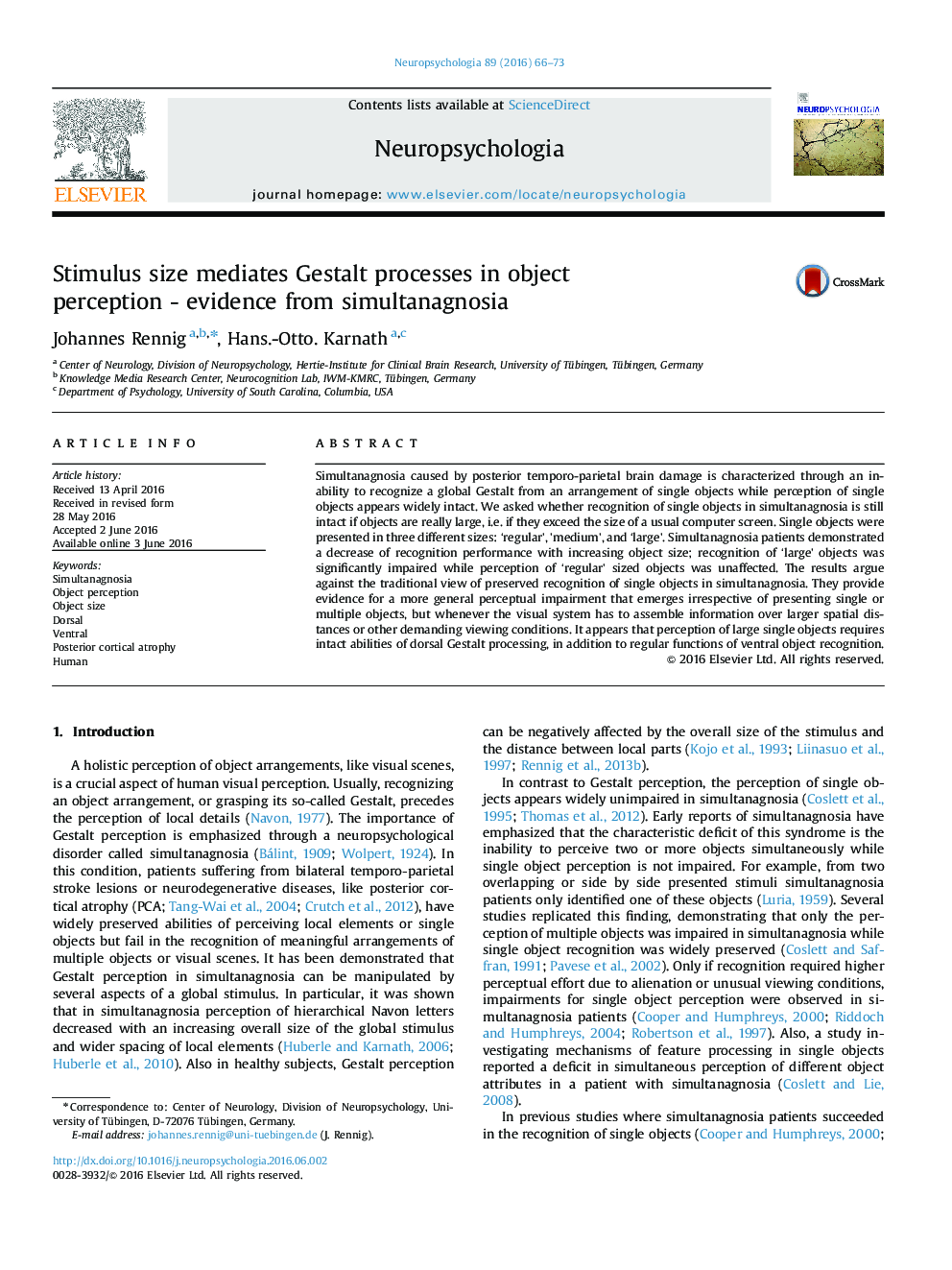 Stimulus size mediates Gestalt processes in object perception - evidence from simultanagnosia