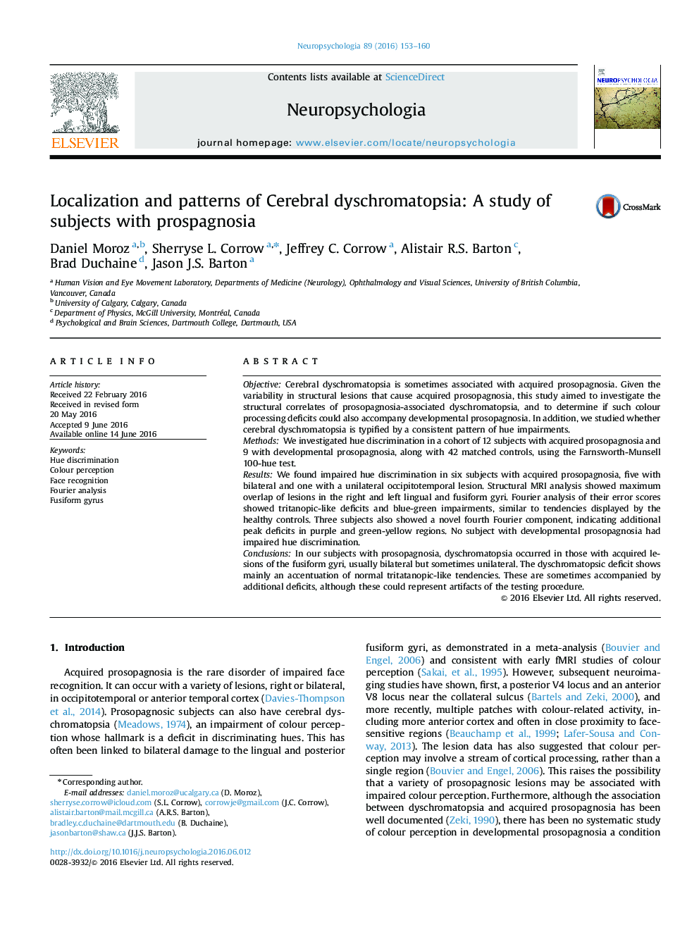 Localization and patterns of Cerebral dyschromatopsia: A study of subjects with prospagnosia