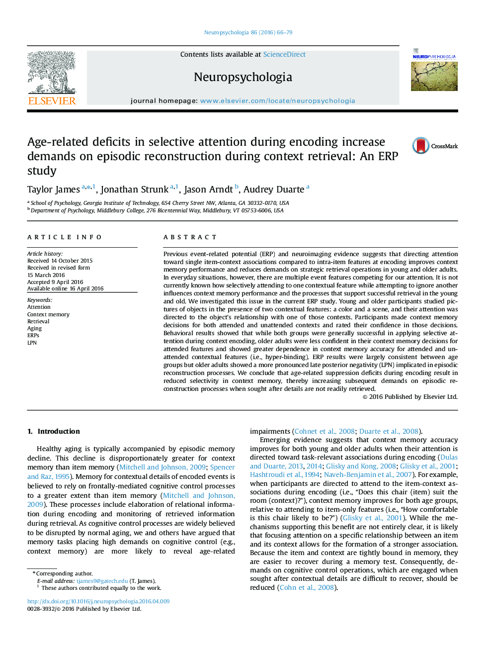 Age-related deficits in selective attention during encoding increase demands on episodic reconstruction during context retrieval: An ERP study