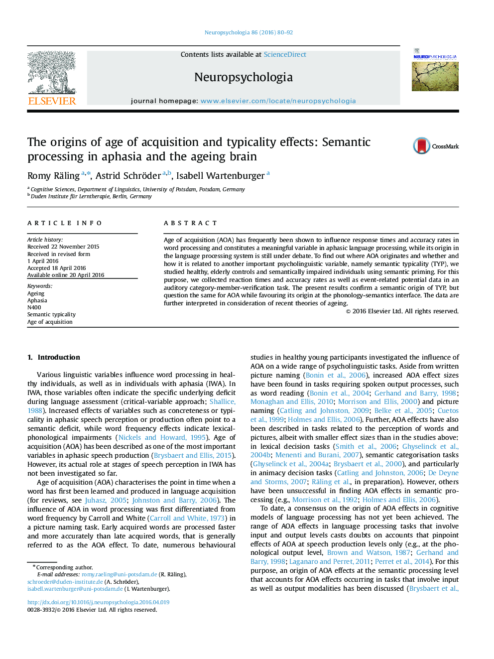 The origins of age of acquisition and typicality effects: Semantic processing in aphasia and the ageing brain