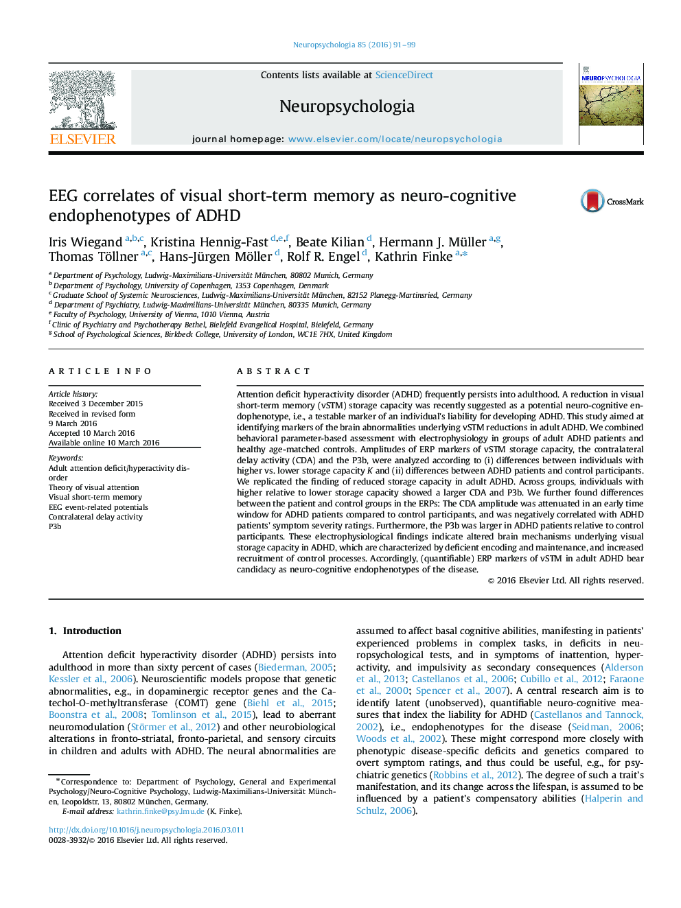 EEG correlates of visual short-term memory as neuro-cognitive endophenotypes of ADHD