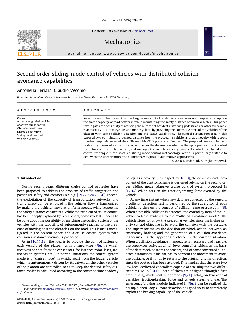 Second order sliding mode control of vehicles with distributed collision avoidance capabilities