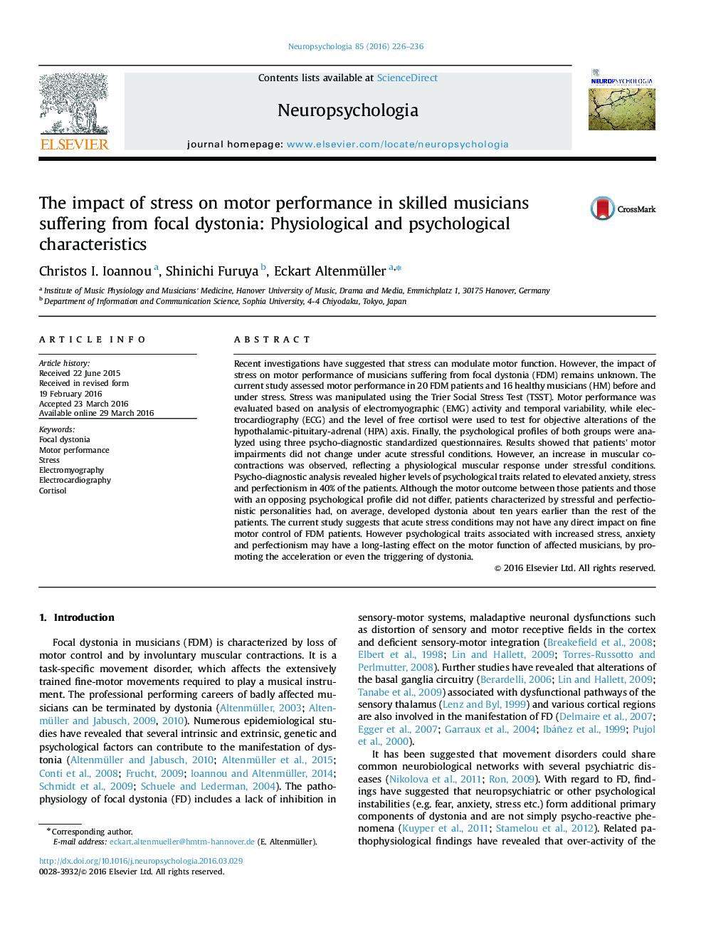 The impact of stress on motor performance in skilled musicians suffering from focal dystonia: Physiological and psychological characteristics