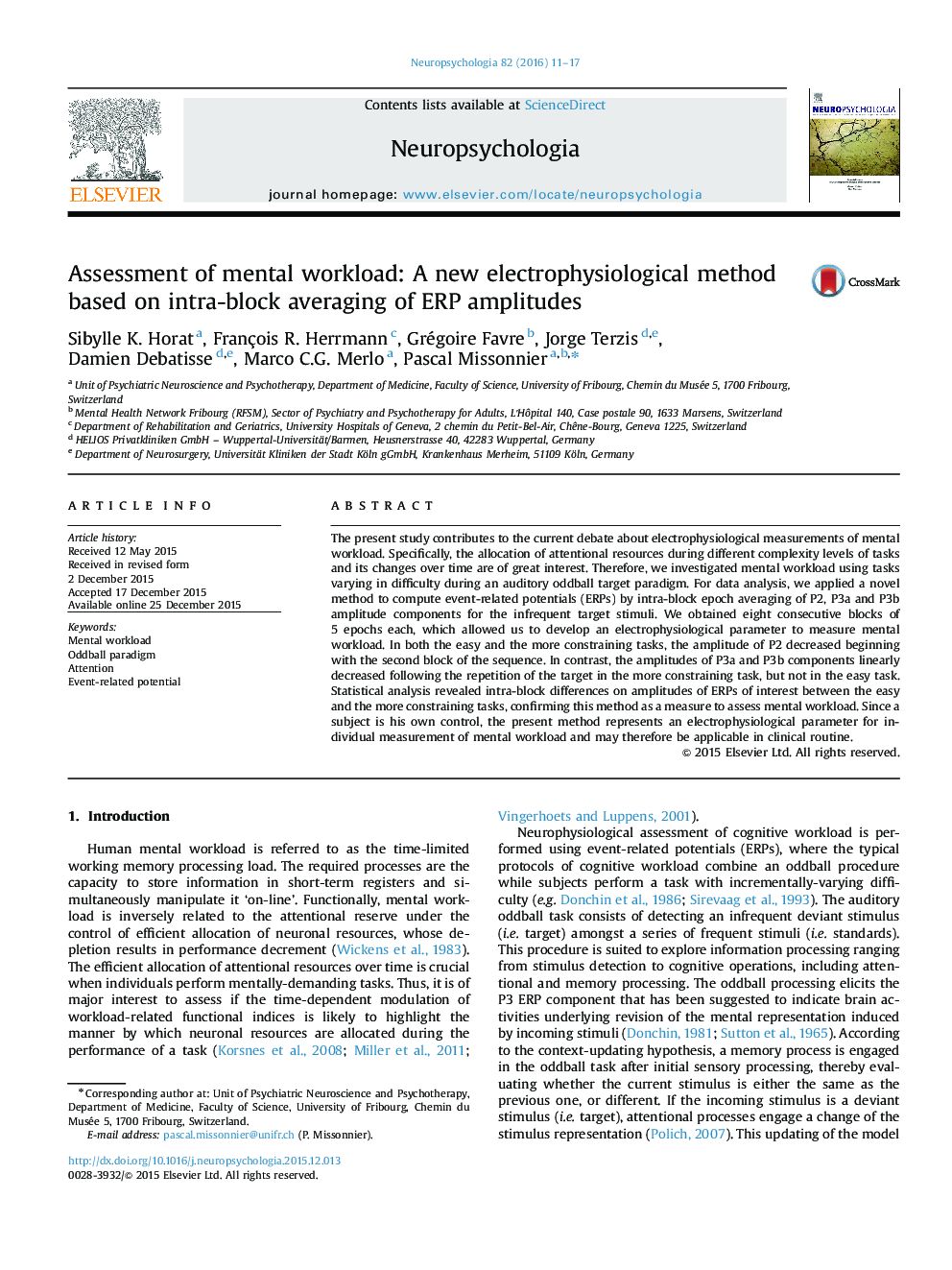 Assessment of mental workload: A new electrophysiological method based on intra-block averaging of ERP amplitudes