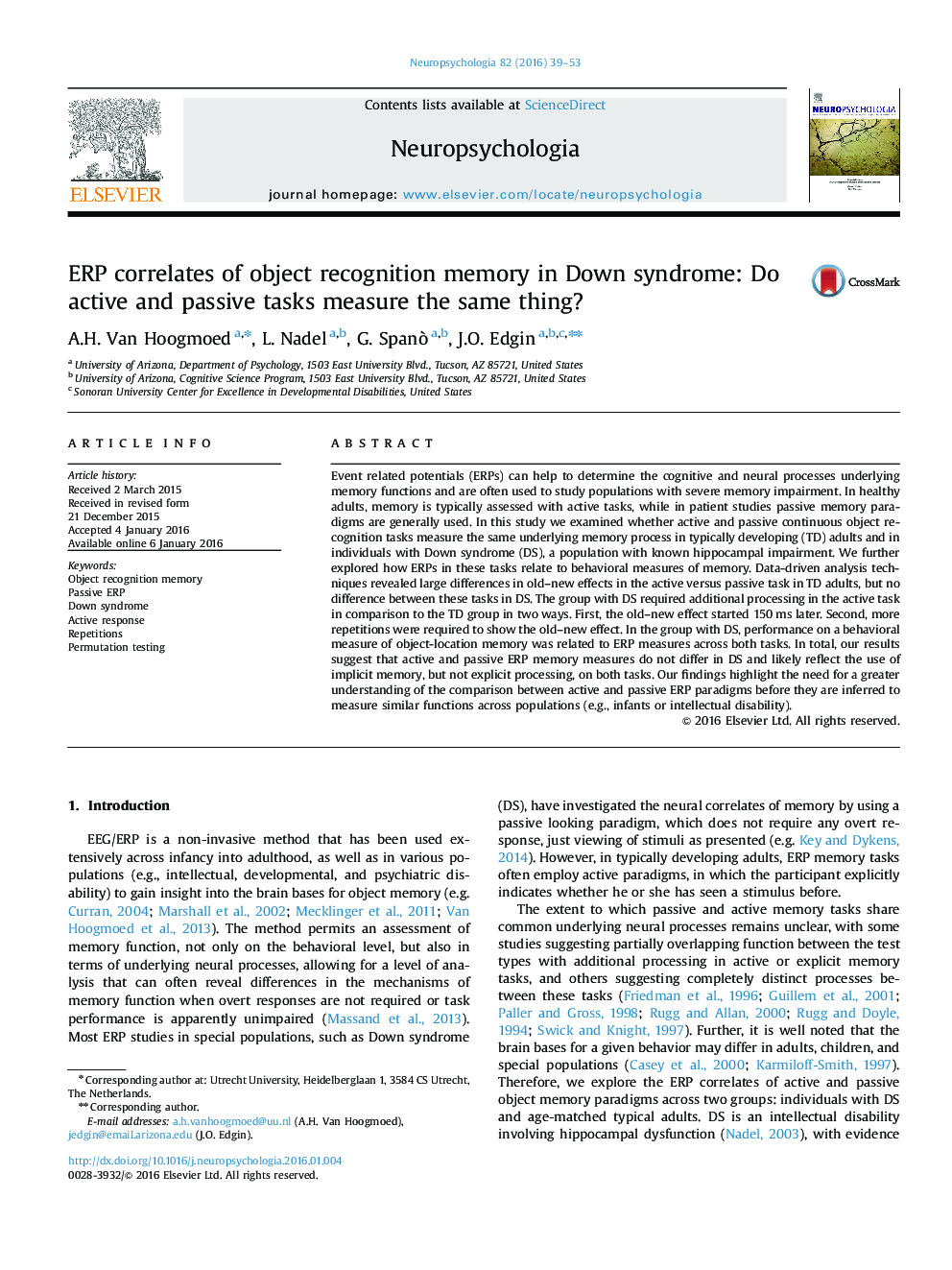 ERP correlates of object recognition memory in Down syndrome: Do active and passive tasks measure the same thing?