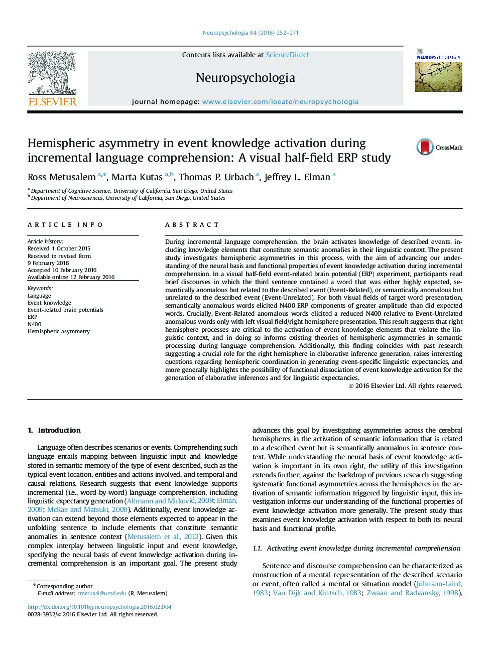 Hemispheric asymmetry in event knowledge activation during incremental language comprehension: A visual half-field ERP study