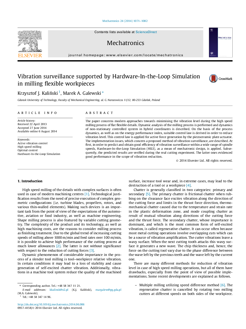 Vibration surveillance supported by Hardware-In-the-Loop Simulation in milling flexible workpieces