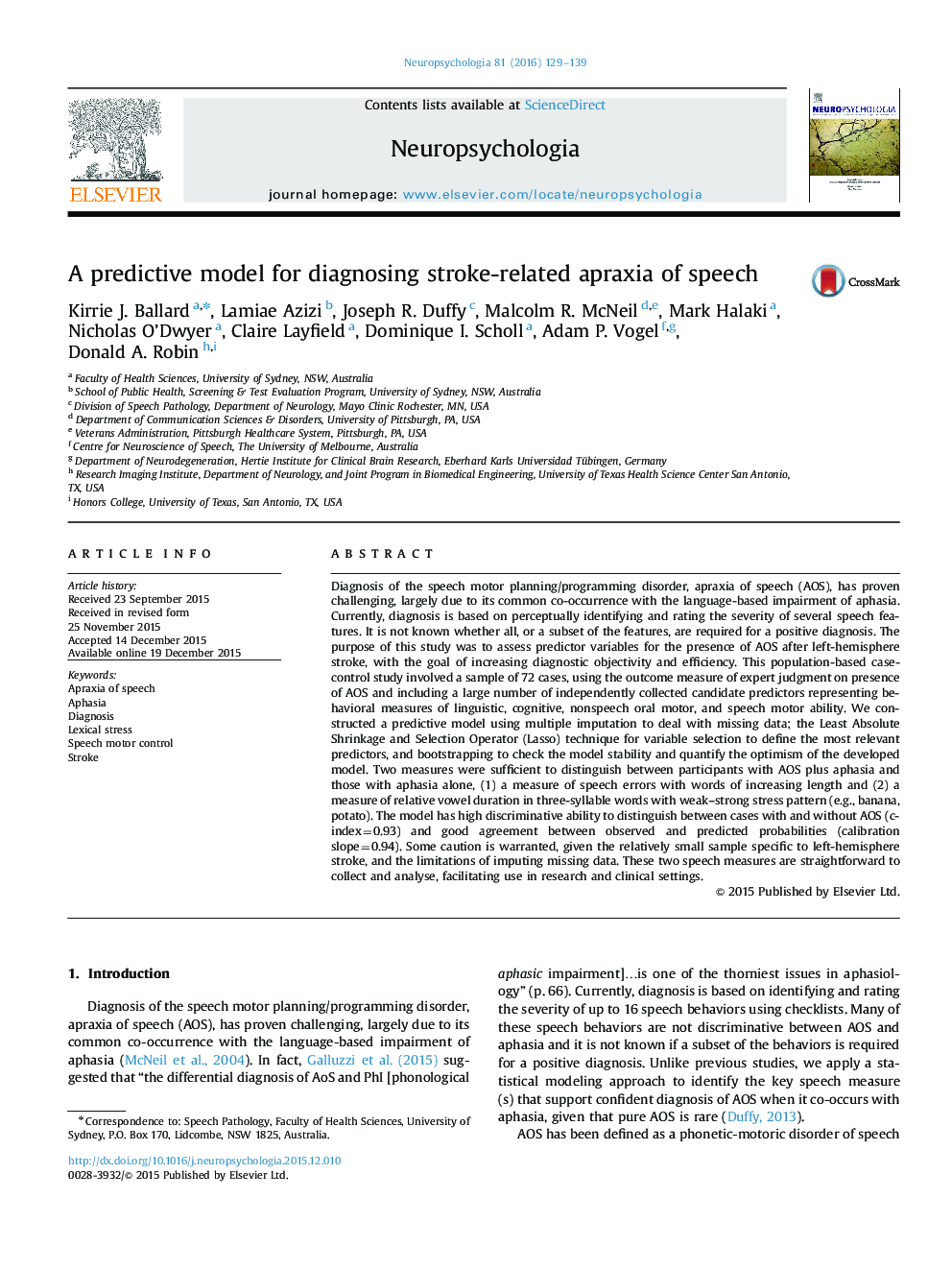 A predictive model for diagnosing stroke-related apraxia of speech