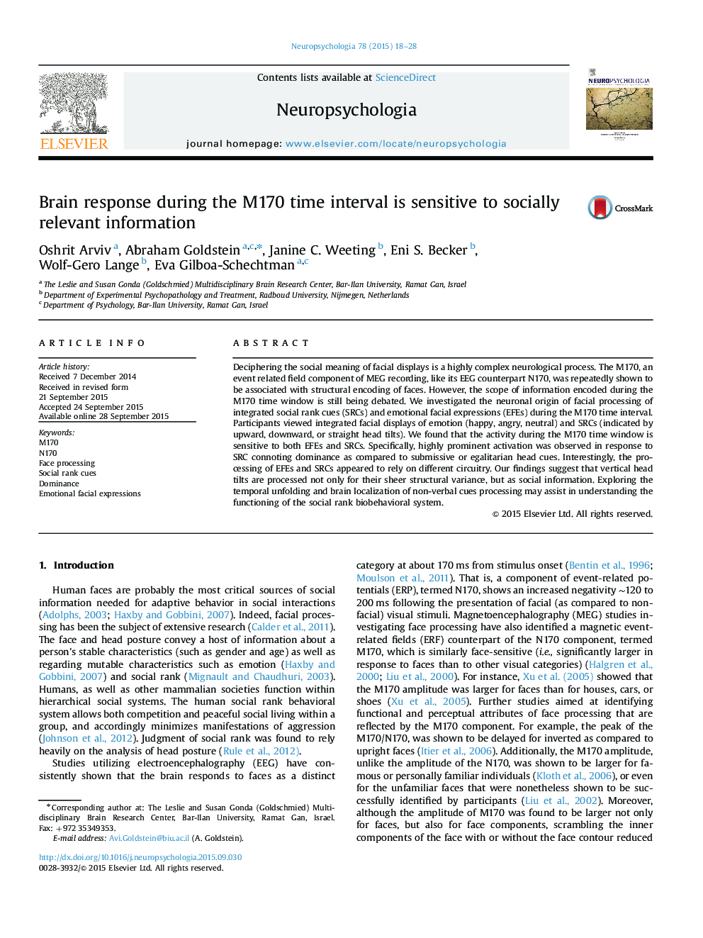 Brain response during the M170 time interval is sensitive to socially relevant information