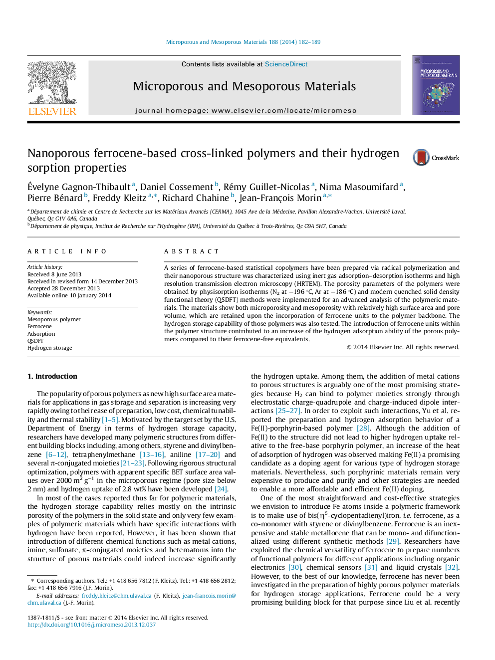 Nanoporous ferrocene-based cross-linked polymers and their hydrogen sorption properties