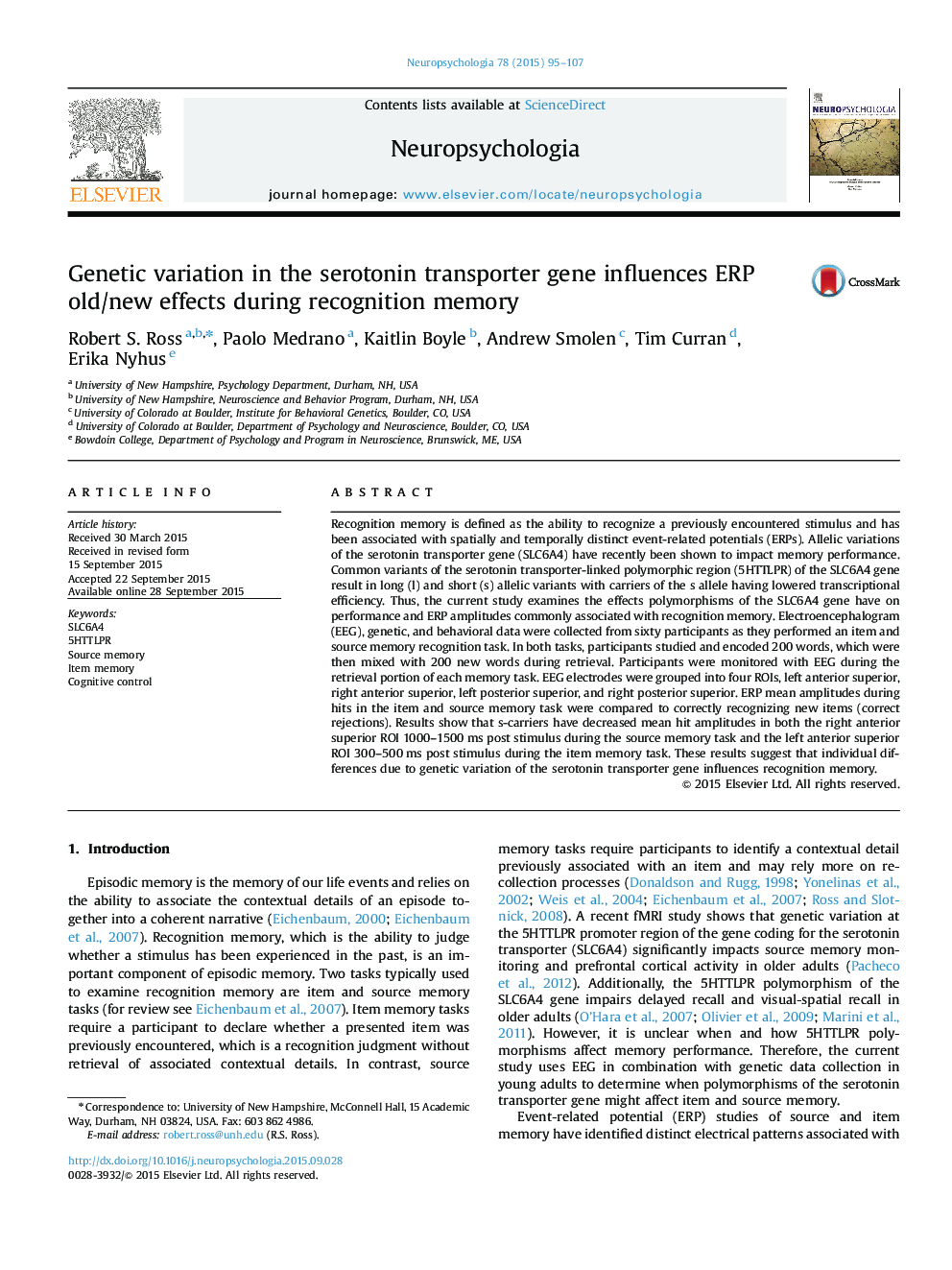 Genetic variation in the serotonin transporter gene influences ERP old/new effects during recognition memory