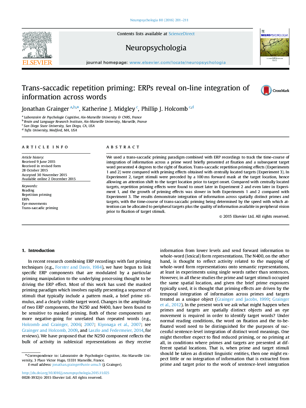 Trans-saccadic repetition priming: ERPs reveal on-line integration of information across words