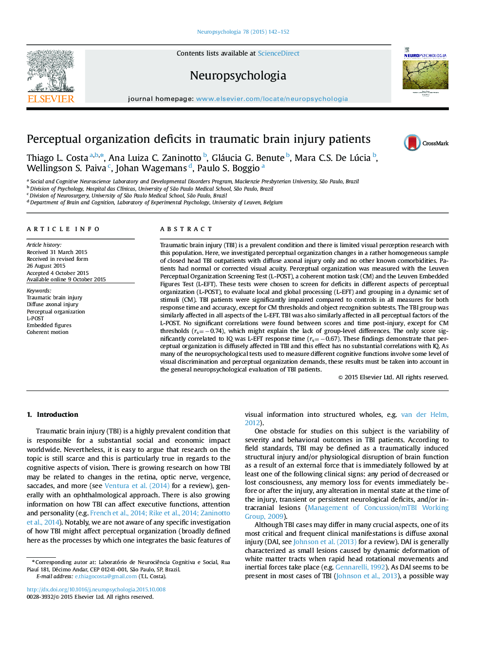 Perceptual organization deficits in traumatic brain injury patients