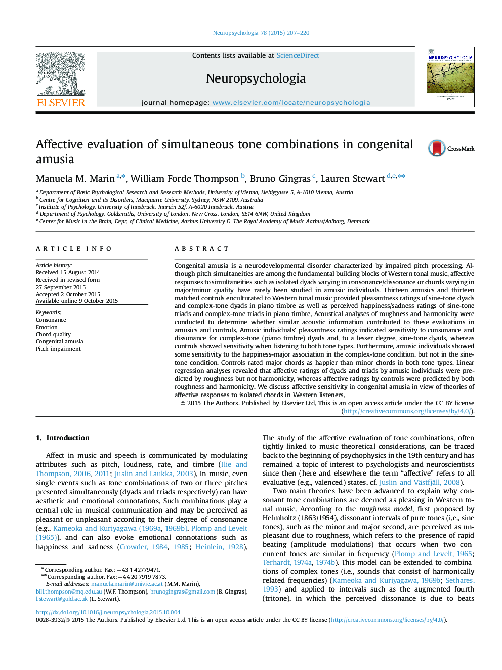 Affective evaluation of simultaneous tone combinations in congenital amusia