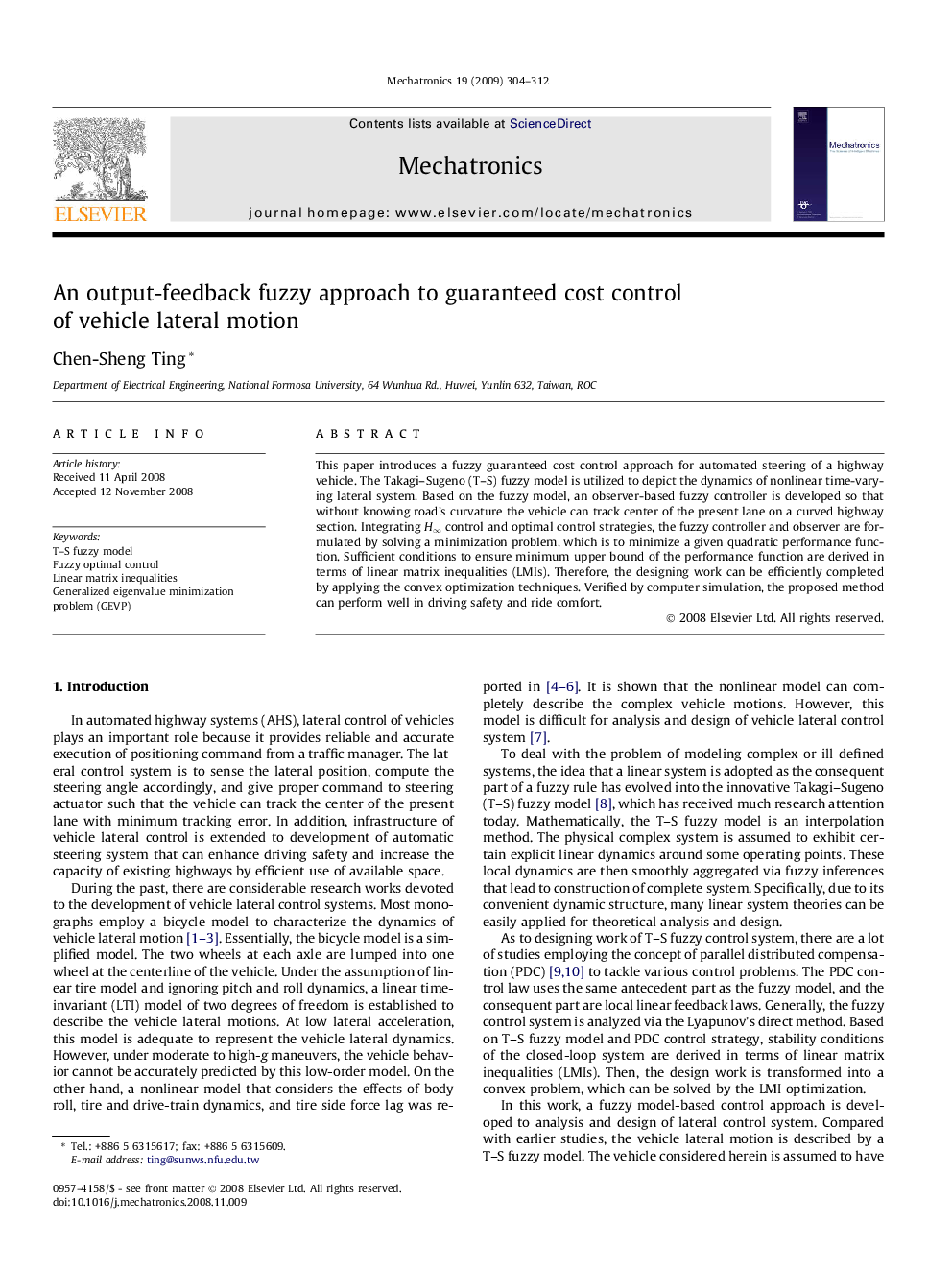 An output-feedback fuzzy approach to guaranteed cost control of vehicle lateral motion