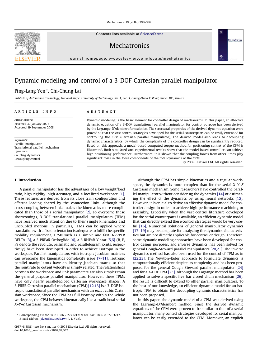 Dynamic modeling and control of a 3-DOF Cartesian parallel manipulator