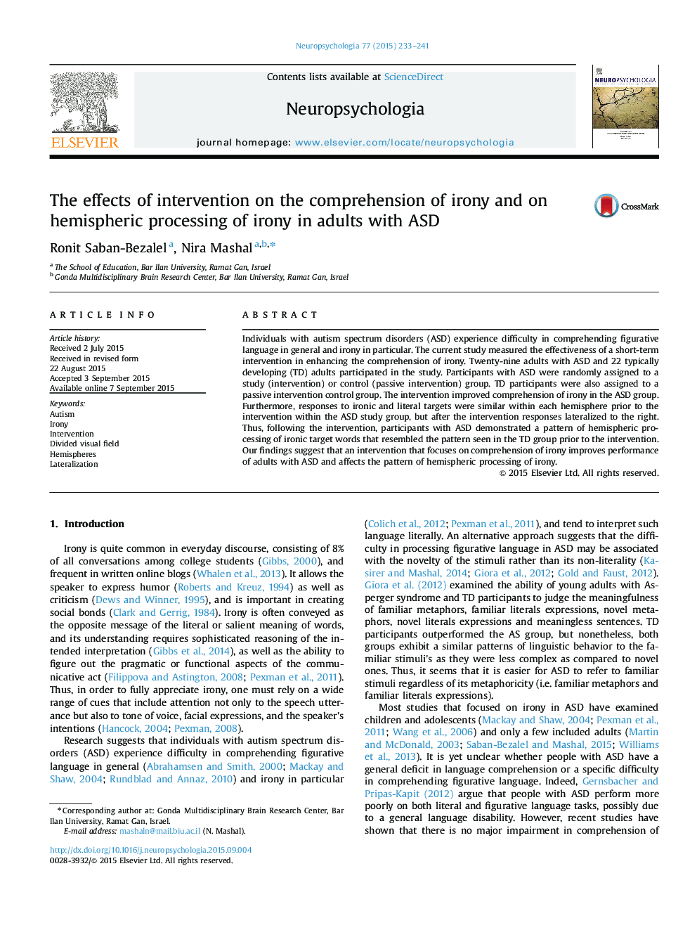 The effects of intervention on the comprehension of irony and on hemispheric processing of irony in adults with ASD