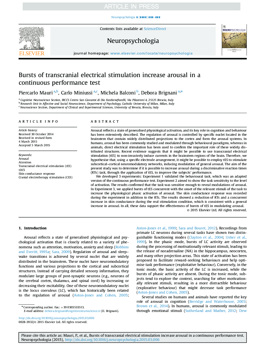 Bursts of transcranial electrical stimulation increase arousal in a continuous performance test