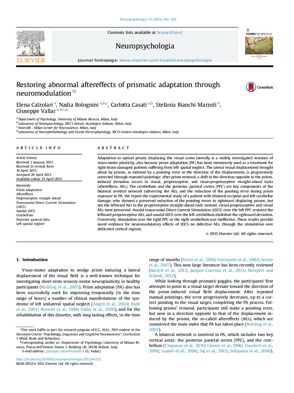 Restoring abnormal aftereffects of prismatic adaptation through neuromodulation