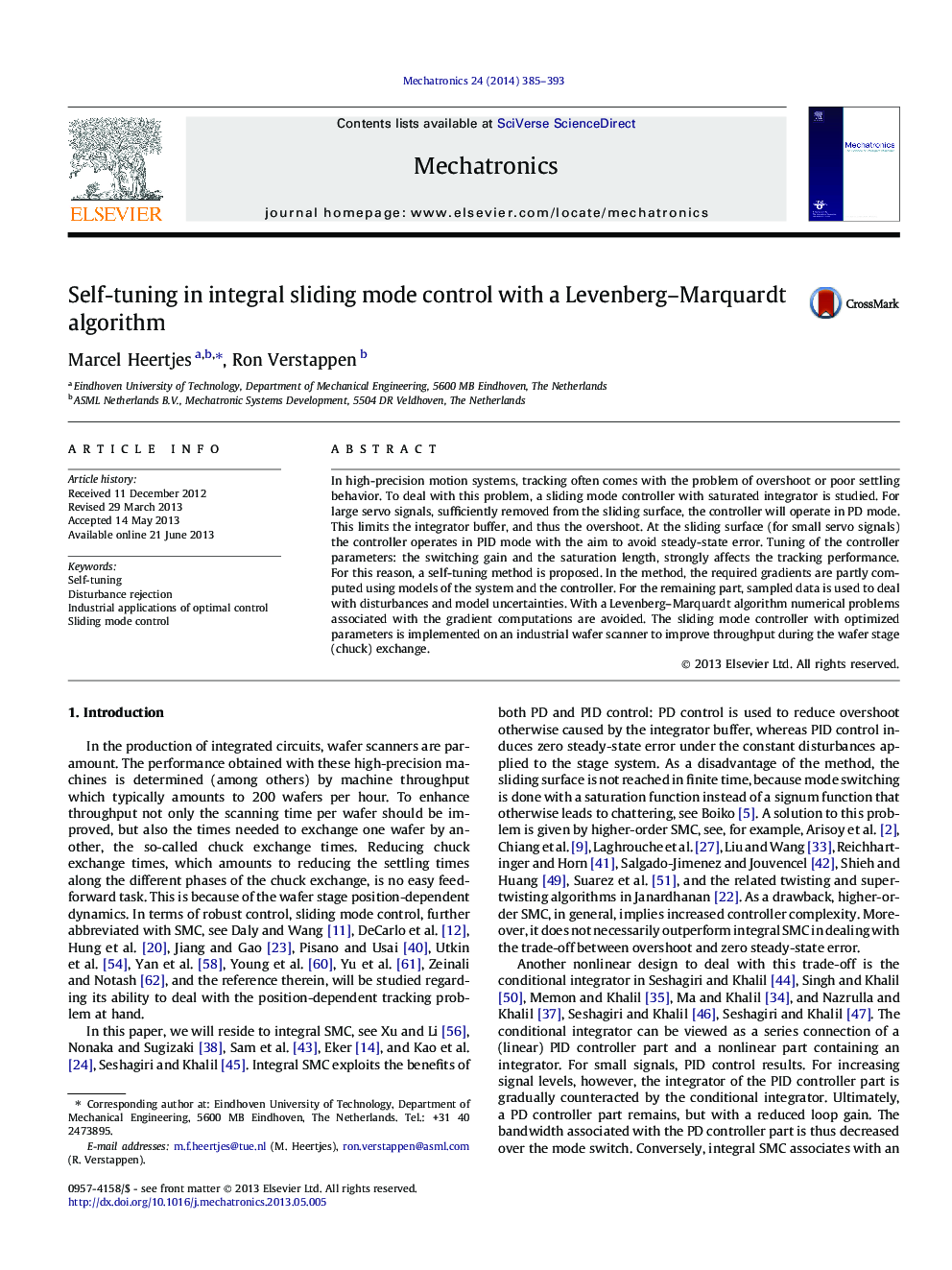 عکس صفحه اول مقاله: Self-tuning in integral sliding mode control with a Levenberg–Marquardt algorithm Self-tuning in integral sliding mode control with a Levenberg–Marquardt algorithm