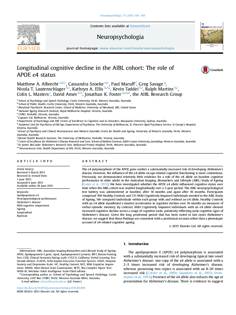 Longitudinal cognitive decline in the AIBL cohort: The role of APOE Îµ4 status