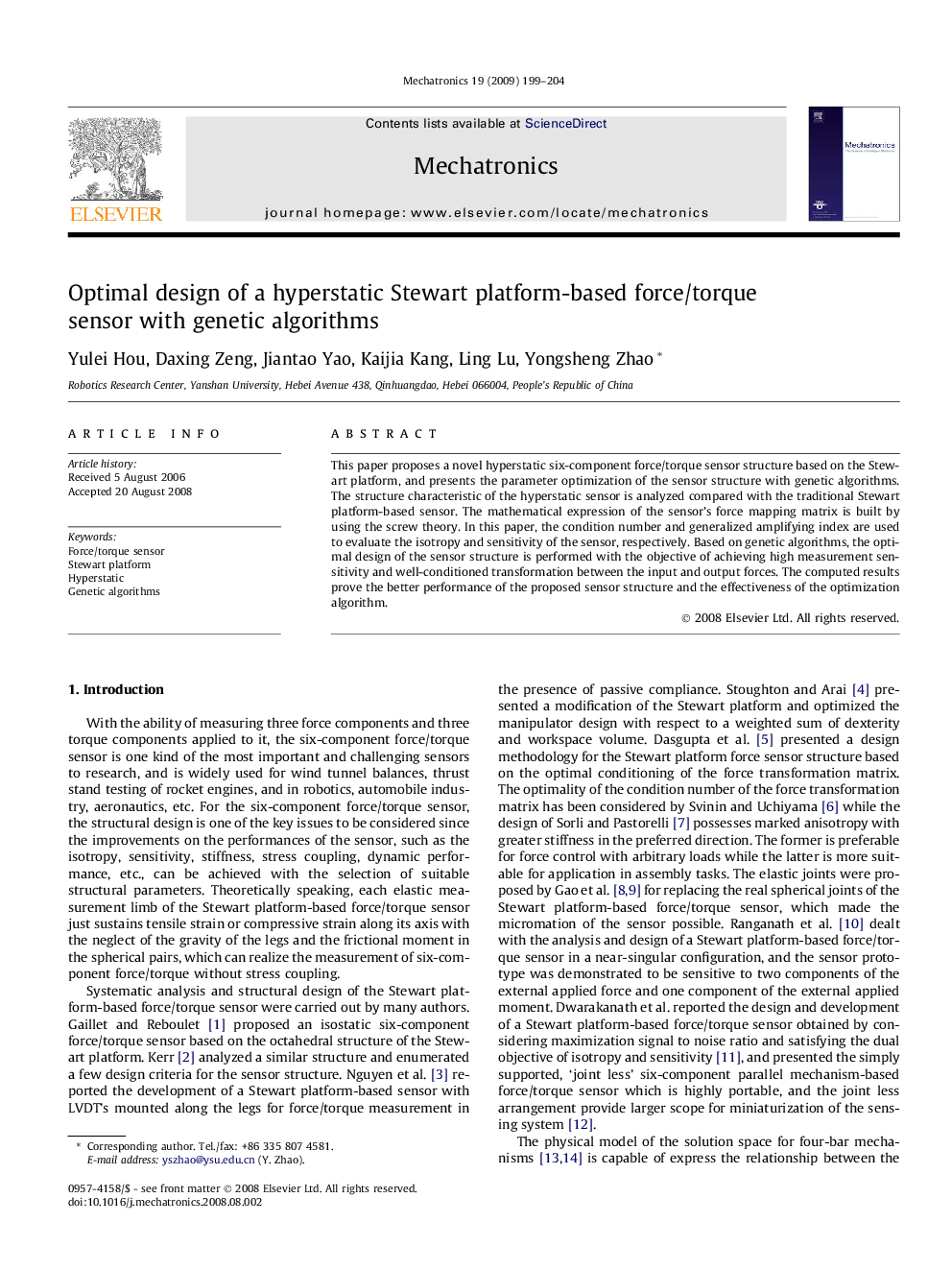 Optimal design of a hyperstatic Stewart platform-based force/torque sensor with genetic algorithms