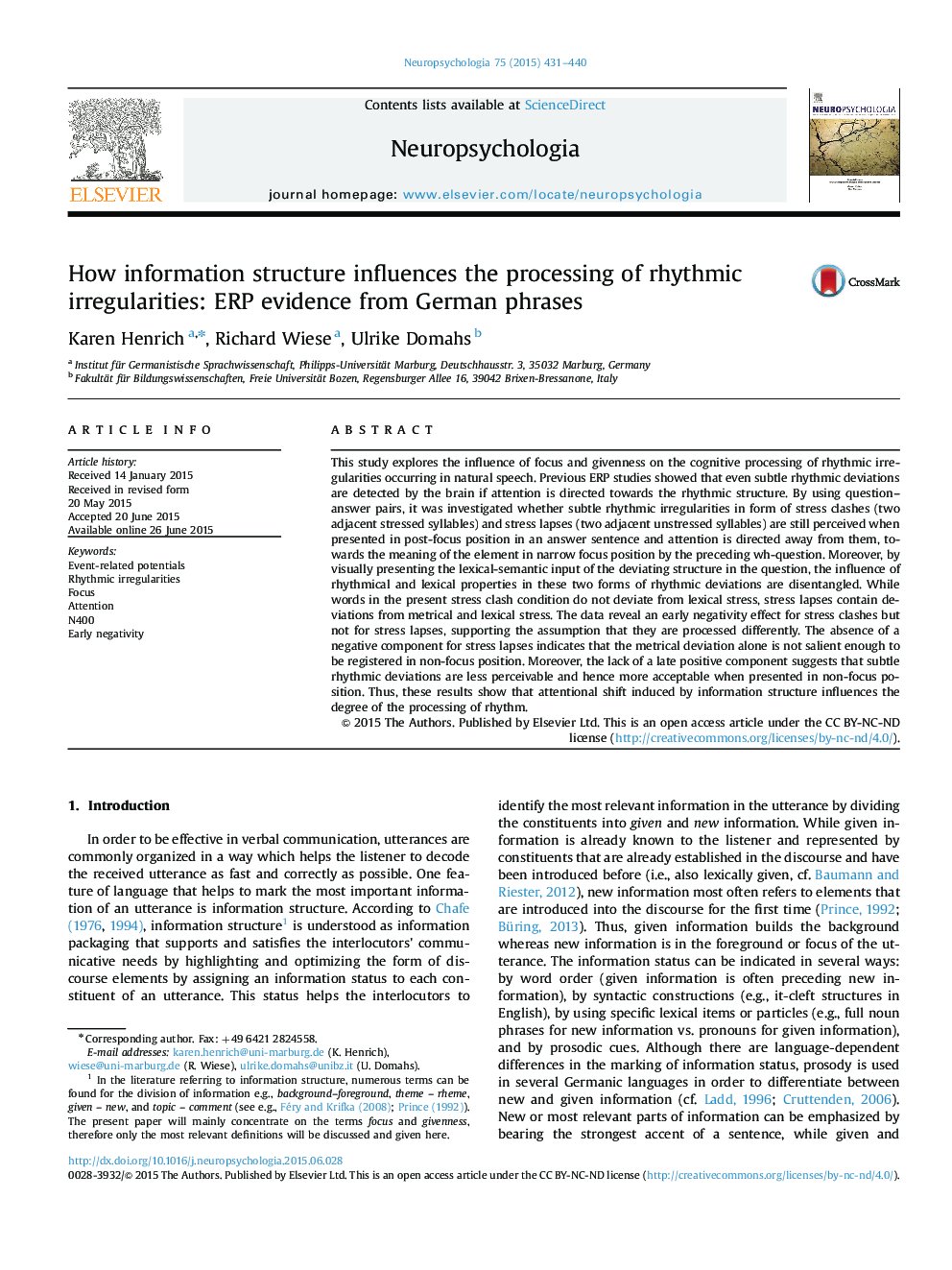 How information structure influences the processing of rhythmic irregularities: ERP evidence from German phrases