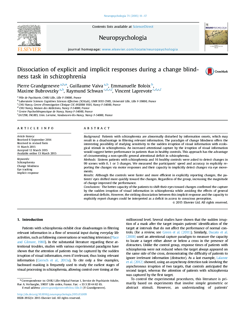 Dissociation of explicit and implicit responses during a change blindness task in schizophrenia