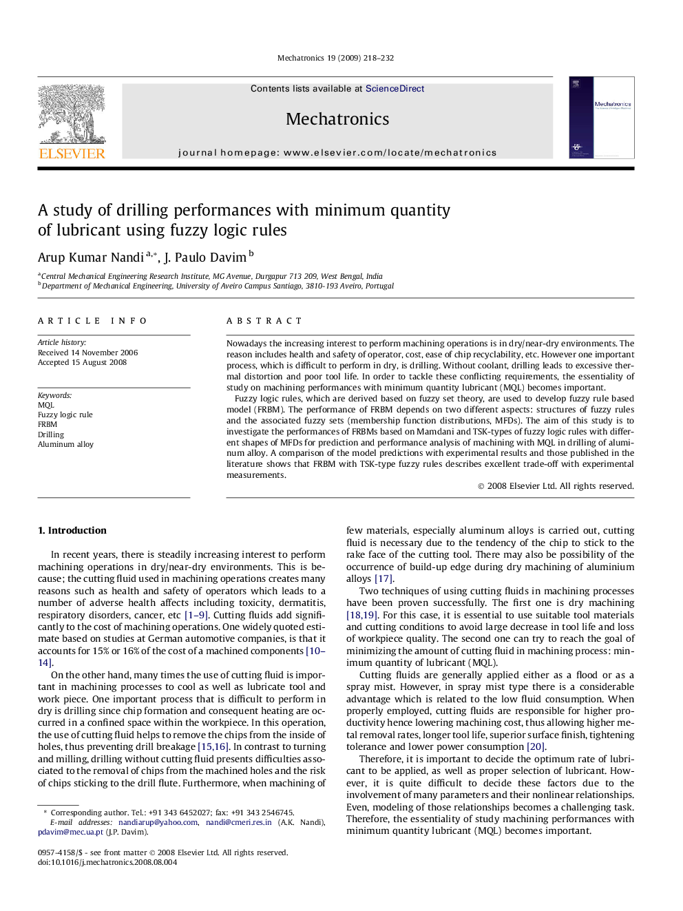 A study of drilling performances with minimum quantity of lubricant using fuzzy logic rules