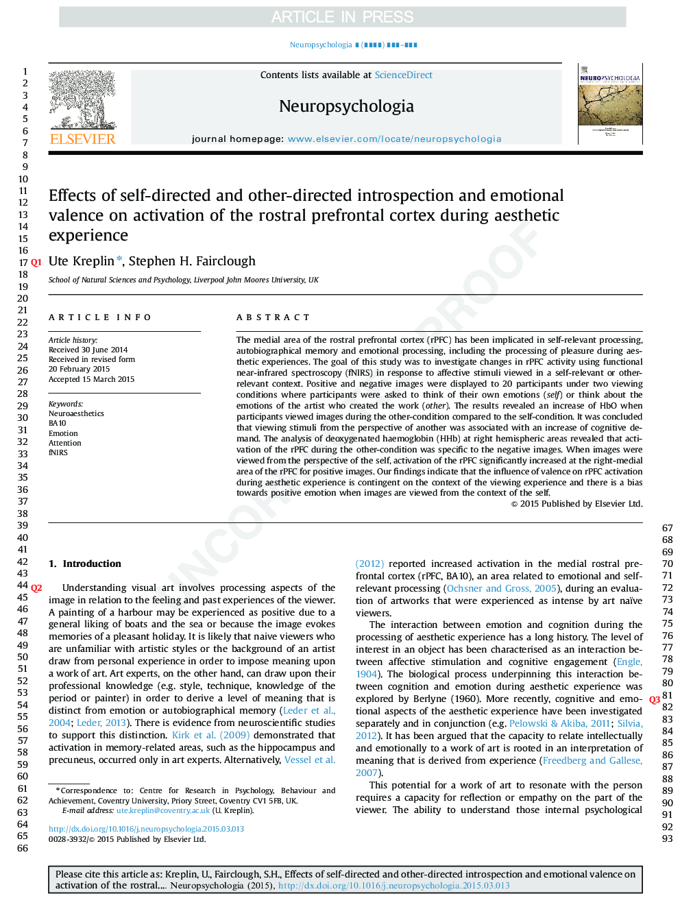 Effects of self-directed and other-directed introspection and emotional valence on activation of the rostral prefrontal cortex during aesthetic experience
