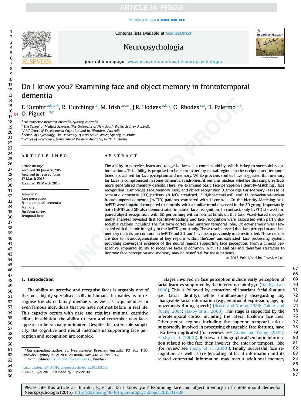 Do I know you? Examining face and object memory in frontotemporal dementia