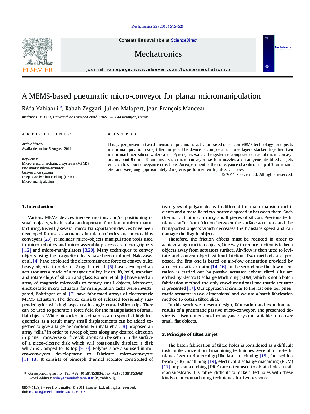 A MEMS-based pneumatic micro-conveyor for planar micromanipulation