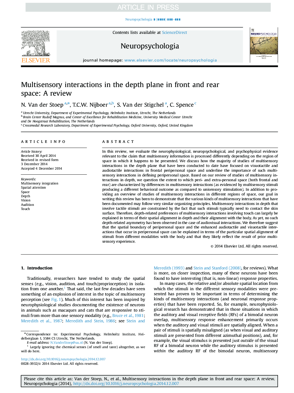 Multisensory interactions in the depth plane in front and rear space: A review