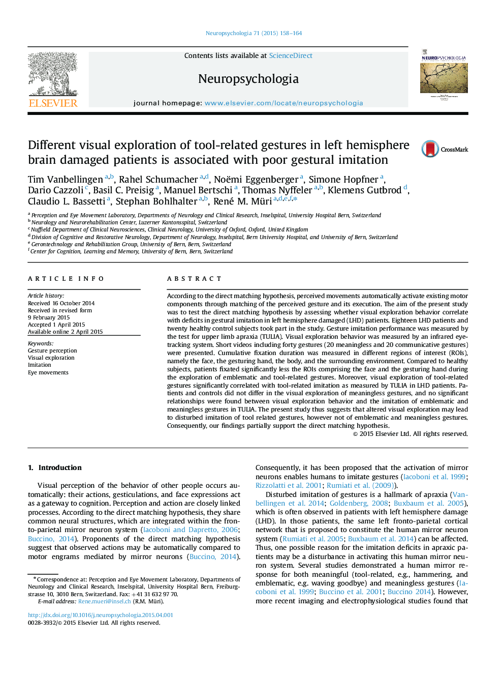 Different visual exploration of tool-related gestures in left hemisphere brain damaged patients is associated with poor gestural imitation